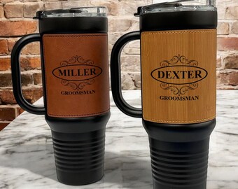 Personalized Leather 40 oz Stainless Steel Tumbler with Handle