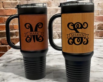 Monogram 40 oz. Leather Stainless Steel Tumbler: Engraved Gift