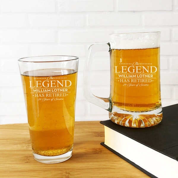 The Legend Has Retired Beer Glass Pint Beer Glass OR Beer Mugs Glasses, Personalized Etched Retirement Gifts { Item#641 }