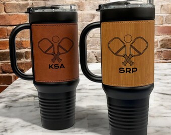 Personalized Pickleball 40 oz. Leather Stainless Steel Tumbler