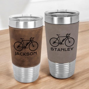 Bicycle Design Personalized Engraved 20oz Tumbler with Clear Lid, Tumbler Mug, Personalized Leather Mug, Tumbler Engraved Gifts