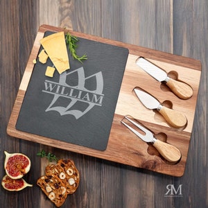 Initial Engraved Cheese Board Set, Rectangle Charcuterie Board Acacia Wood Slate with Three Tools, House Warming {Item# 683}
