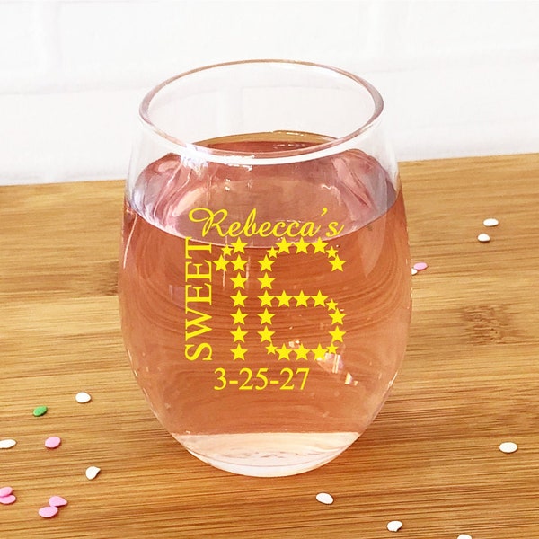 Printed 24 pieces of Sweet 16 Stars Personalized Stemless Wine Glass Favors - Sweet 16 Party Favors {Item#858C-N}