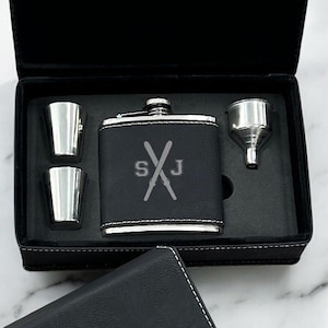 Ski Personalized Leather Hip Flask Set, Engraved Personalized Whiskey Flask {Item# 647-ZA7}