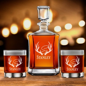 Antler Monogram Whiskey Decanter Whiskey Rocks Glasses, Personalized Etched, Fathers Day Gift Dad Birthday Gifts {Item#623-CAPITOL}