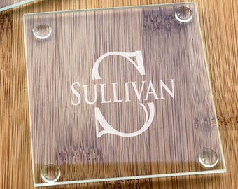 Engraved Set of 4 pieces Monogram Personalized Glass Coasters Favors - Etched Coaster Gifts {Item#UG5}