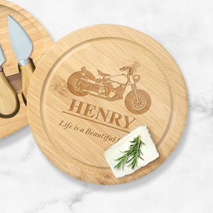 Rider Motorcycle Engraved Personalized Cheese Board Set, Personalized Cheese Board Gift Set{Item#695}