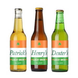 6 pieces Shamrock Lucky Brew Personalized Beer Bottle Labels, Birthday Party Personalized Beer Labels { PPD57-B }