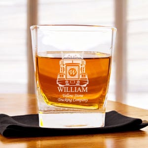 Custom Square Quartet Whiskey 8 ounce Rocks Glasses, Truck Driver Trucking Etched Square Rock Glass Whiskey Glass { Item# 643 }