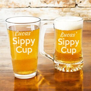Sippy Cup, Pint Beer Glass OR Beer Mug Personalized Etched, Engraved Beer Gift, Beer Mug Pint Glass Gifts {Item# R-677}