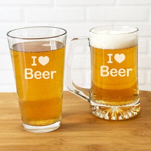 Beer Glass, Pint Beer Glass OR Beer Mug Etched, I Love Beer Engraved Gifts, Gifts {Item#AZ151-Z}