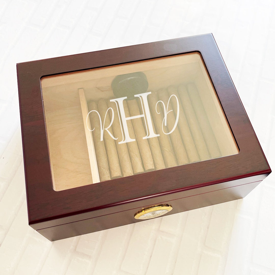 Large Size 50 Count Cigar Humidor Monogram Engraved Personalized Glass