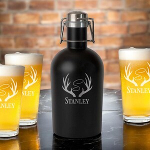 Engraved Insulated Growler 64 oz or Pint Beer Glass Antler Monogram Personalized Etched, Holiday Gifts { Item#623 }