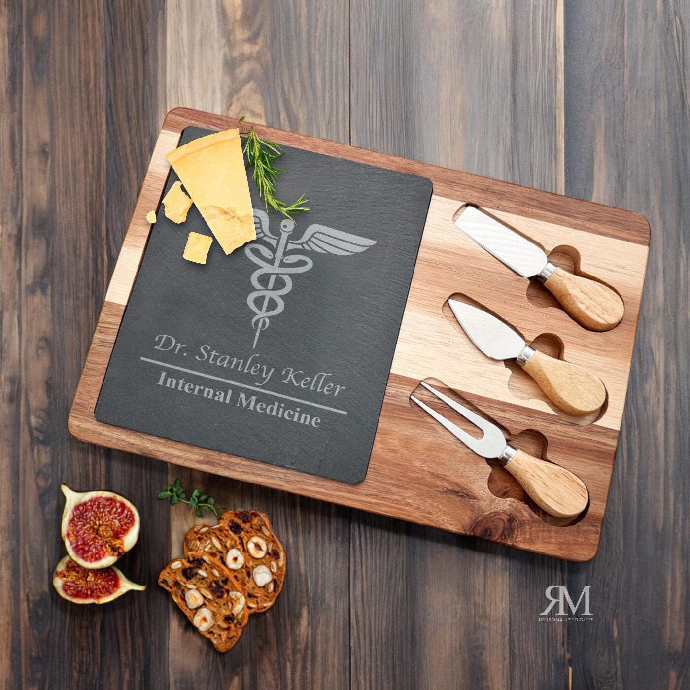 Caduceus Medical Doctor Engraved Cheese Board Set, Rectangle