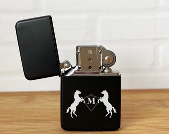 Engraved Double Horses Initial  Engraved Personalized Lighter | Double Horses Initial Matte Black Personalized Lighter {646)