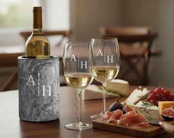 Name Monogram Personalized Wine Glasses, Marble Wine Chiller Gift Set {Item# 765}