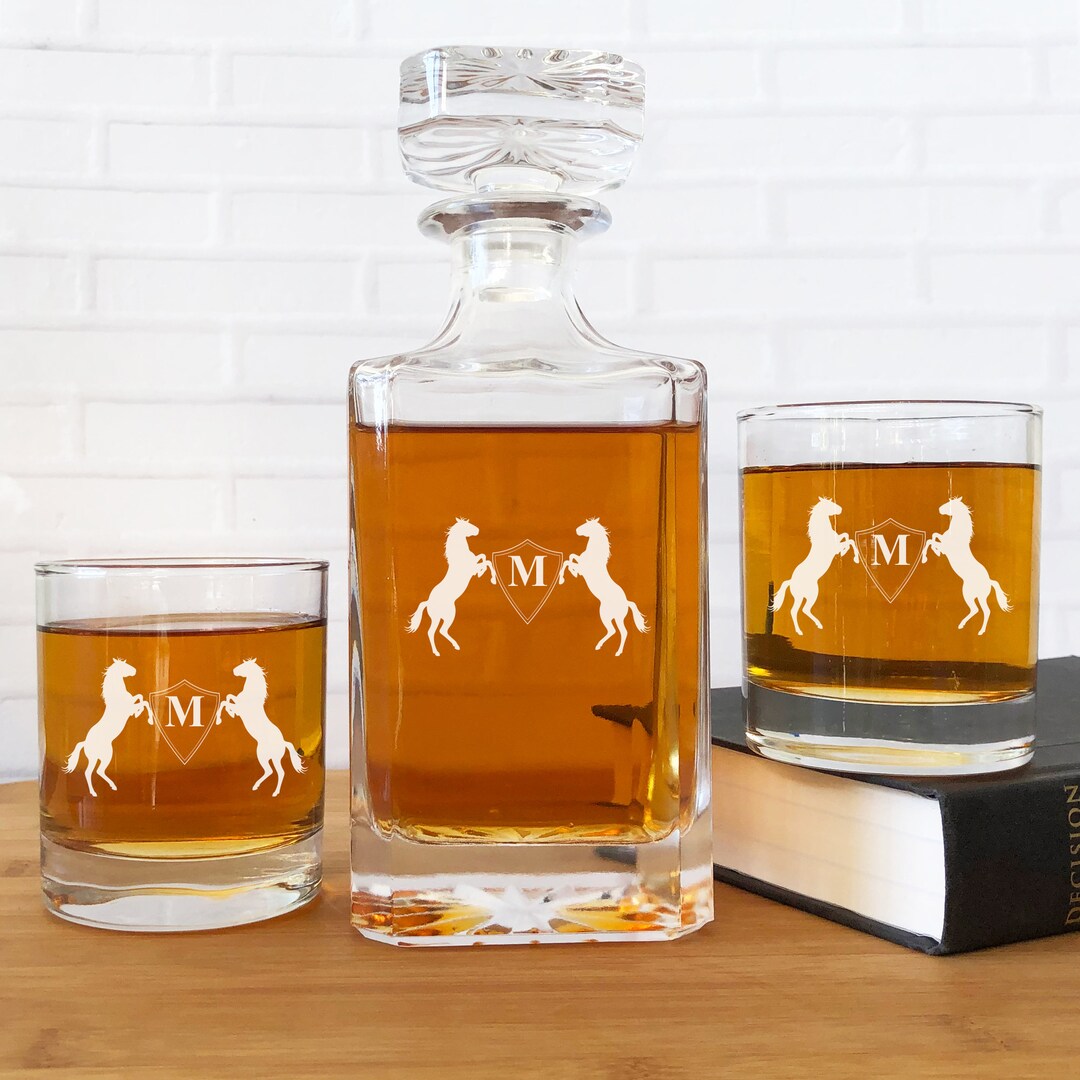 Double Horses Initial Whiskey Decanter Whiskey Rocks Glasses Etsy