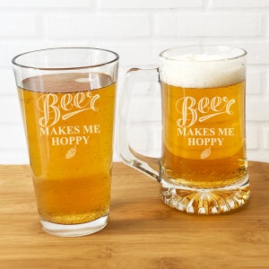Beer Glass, Pint Beer Glass OR Beer Mug Etched, Beer Makes Me Hoppy Engraved Gifts, Gifts {Item#AZ151-D}