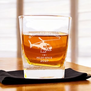 Helicopter Design Square Quartet Whiskey 8 ounce Rocks Glasses, Custom Etched Square Rock Glass Whiskey Glass {Item# 624}