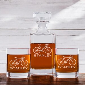 Bicycle Design Whiskey Decanter Whiskey Rocks Glasses Personalized Etched, Anchor Engraved Gifts, Anchor Gifts {Item#632}