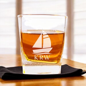 Sailboat Monogram Square Quartet Whiskey 8 ounce Rocks Glasses, Custom Etched Square Rock Glass Whiskey Glass {Item# 629}