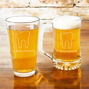 Beer Glass, Pint Beer Glass OR Beer Mug Personalized Etched Dentistry Engraved Gifts, Dentist Tooth Doctor Gifts {Item#672}