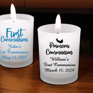 First Holy Communion Personalized Printed 24 pieces White Frosted Glass Votive Tealight Holder, Holy Communion Favors {Item# 732}