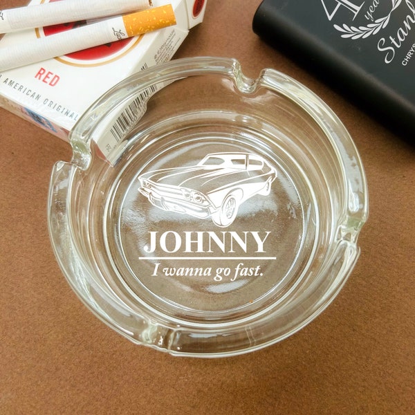 Muscle Car Engraved Personalized Cigarette Ashtray, Glass Engraved Personalized  {Item#723}
