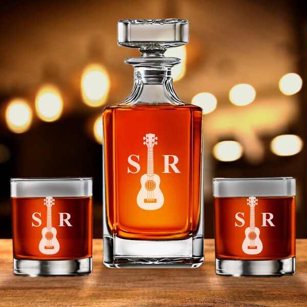 Guitar Initial Whiskey Decanter Whiskey Rocks Glasses Personalized Etched | Engraved Gifts | Guitar Gifts {Item#627}