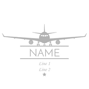 May include: A gray airplane silhouette with the word "NAME" underneath. The text "Line 1" and "Line 2" are below the word "NAME" with a gray star below the text.