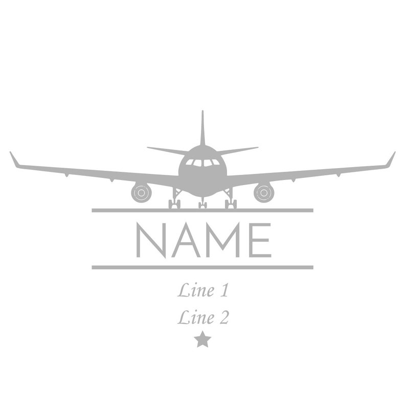 May include: A gray airplane silhouette with the word "NAME" underneath. The text "Line 1" and "Line 2" are below the word "NAME" with a gray star below the text.