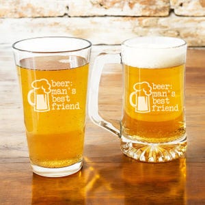 Beer Man&#39;s Best Friend, Pint Beer Glass OR Beer Mug Personalized Etched, Engraved Beer Gift, Beer Mug Pint Glass Gifts {Item# R-AZ156-b}