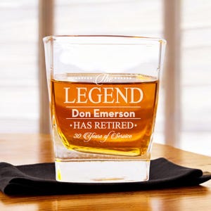 Custom Square Quartet Whiskey 8 ounce Rocks Glasses, The Legend Has Retired Etched Square Rock Glass Whiskey Glass { Item# 641 }