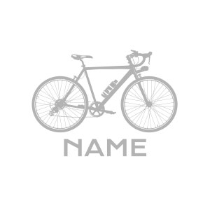 May include: A gray silhouette of a bicycle with a name below it. The bicycle has two wheels, handlebars, a seat, and a frame.