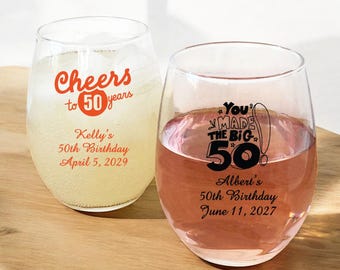 Fifty Fiftieth Birthday Personalized Printed 24 pieces Stemless Wine Glass Favors, 50th Birthday Favors {Item# 725}