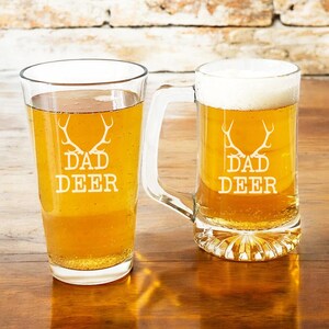Dad Deer, Pint Beer Glass OR Beer Mug Personalized Etched, Engraved Beer Gift, Beer Mug Pint Glass Gifts {Item# R-AZ156-c}