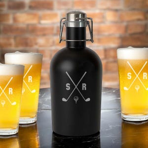 Engraved Insulated Growler 64 oz or Pint Beer Glass Golf Monogram Personalized Etched, Holiday Gifts { Item#626 }
