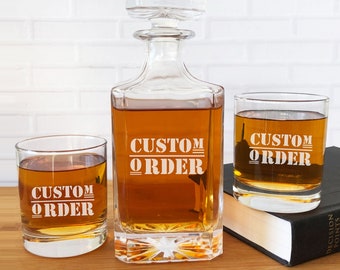 Custom Order, Whiskey Decanter Whiskey Rocks Glasses Your Logo Here