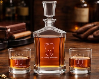 Personalized Dentist Whiskey Decanter and Rocks Glasses Set, Tooth Etched Barware