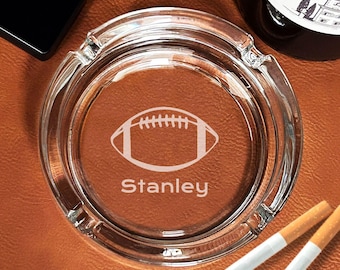 Football Design Engraved Glass Ashtray: Personalized Smoker Gift