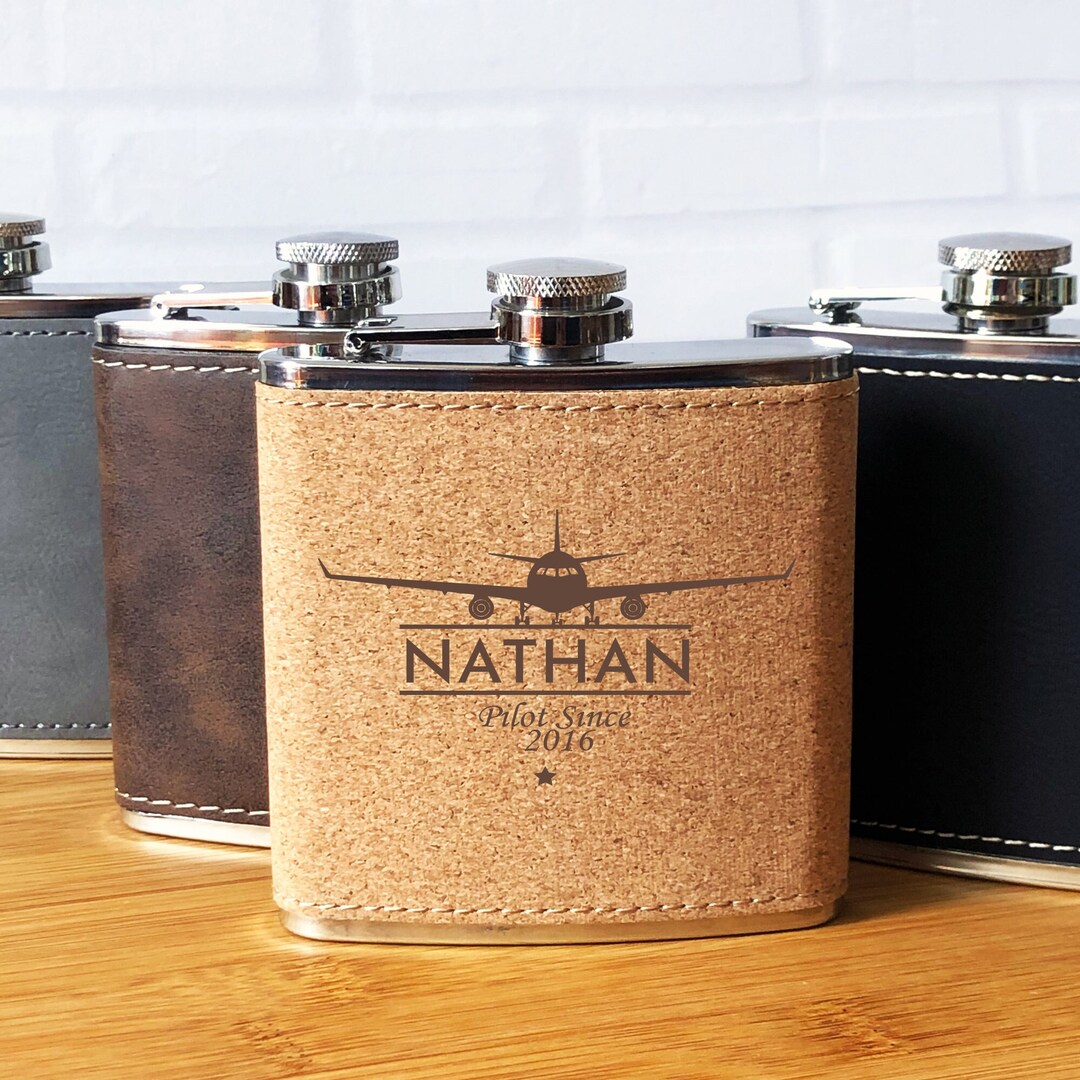 Personalized Leather Hip Flask, Airplane Design Engraved Personalized