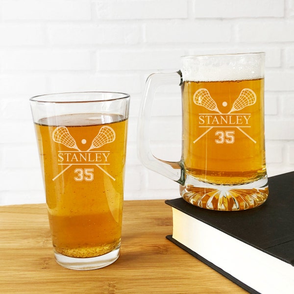 Lacrosse Design Beer Glass | Pint Beer Glass | Beer Mug | Can Glass | Pilsner Glass Personalized | Engraved Gifts | Gifts {Item#634}