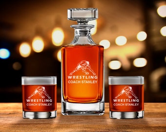 Wrestler Wrestling Fanatics Sports Whiskey Decanter Gifts, Whiskey Rocks Glasses, Personalized Etched Wrestler Player Engraved Gifts {671}