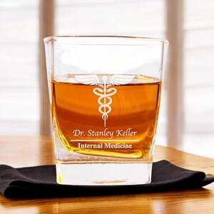 Doctor Custom Square Quartet Whiskey 8 ounce Rocks Glasses, Doctor Etched Square Rock Glass Whiskey Glass {Item# 708}