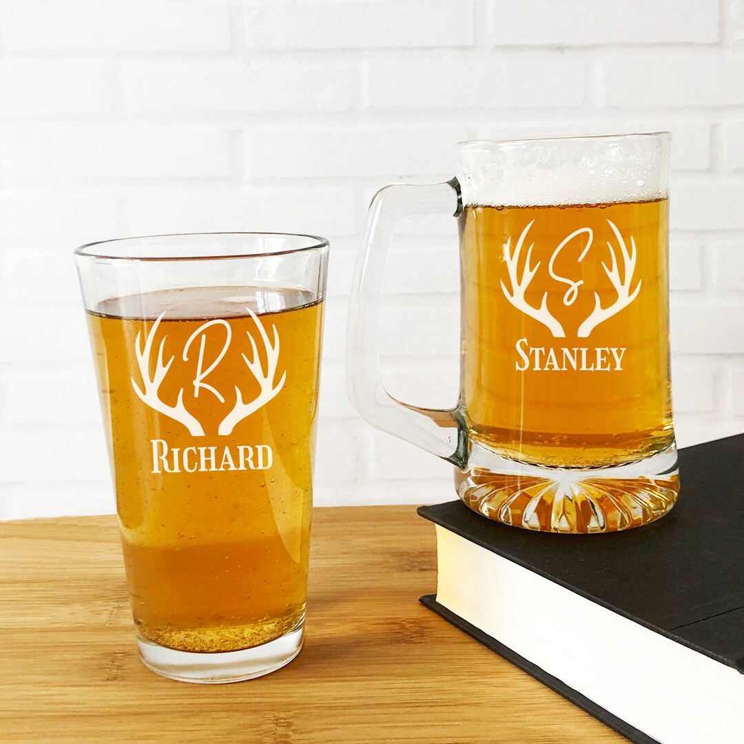 Antler Monogram Engraved Personalized Beer Glass or Pint Beer Glass
