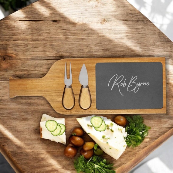 Engraved Acacia Wood Cheese Board Set: Slate Charcuterie Board