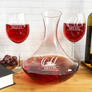 Engraved Sparta Script Monogram Wine Decanter Glasses, Wine Glass Personalized, Birthday Holiday Gift {Item#640}