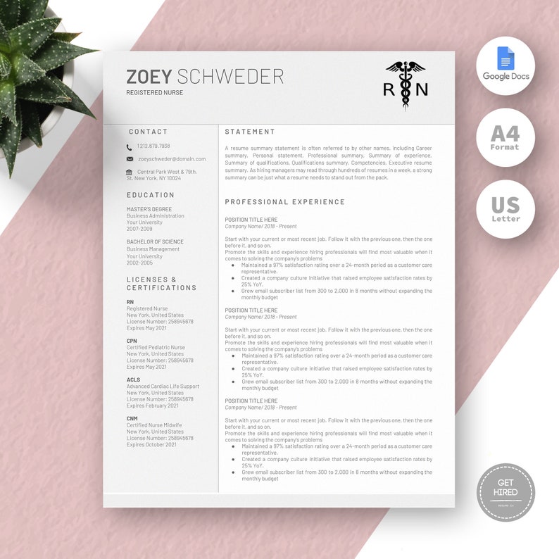 Registered Nurse Resume Template Nurse CV Template Nursing Resume Template Doctor CV RN Resume Design Nurse Resume Google Docs