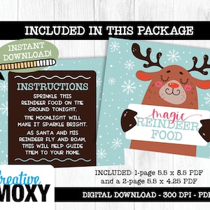 Magic Reindeer Food Printable Tag Label Instant Download, Christmas Printable PDF, Cute Illustrated Christmas Reindeer Digital Printable PDF