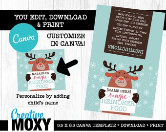 Magische Weihnachten Rentier Essen - Personalisieren Anpassbare Bearbeiten in Canva - Tag Label jetzt herunterladen, niedliches illustriertes Rentier Digital bedruckbar